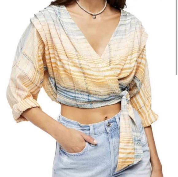 WE THE FREE people MALDIVES crop top XS blue+yellow long sleeve wrap blouse - Picture 6 of 6